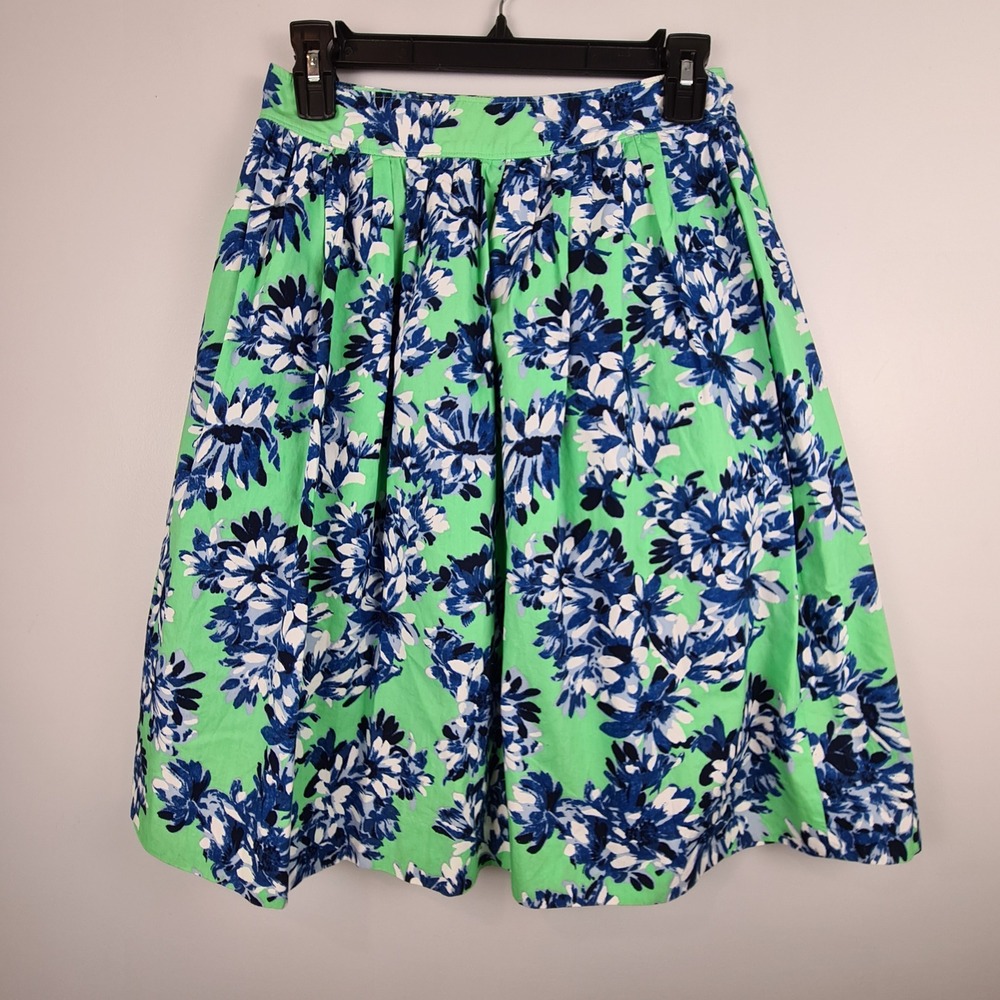 J.Crew Womens Green Blue Photo Floral Pleated A-Line Cotton Skirt Size 0 Pockets